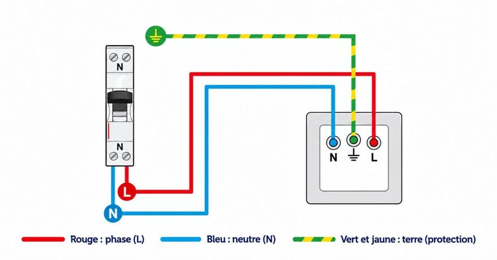 Schéma de branchement phase, neutre et terre sur une prise 2P+T