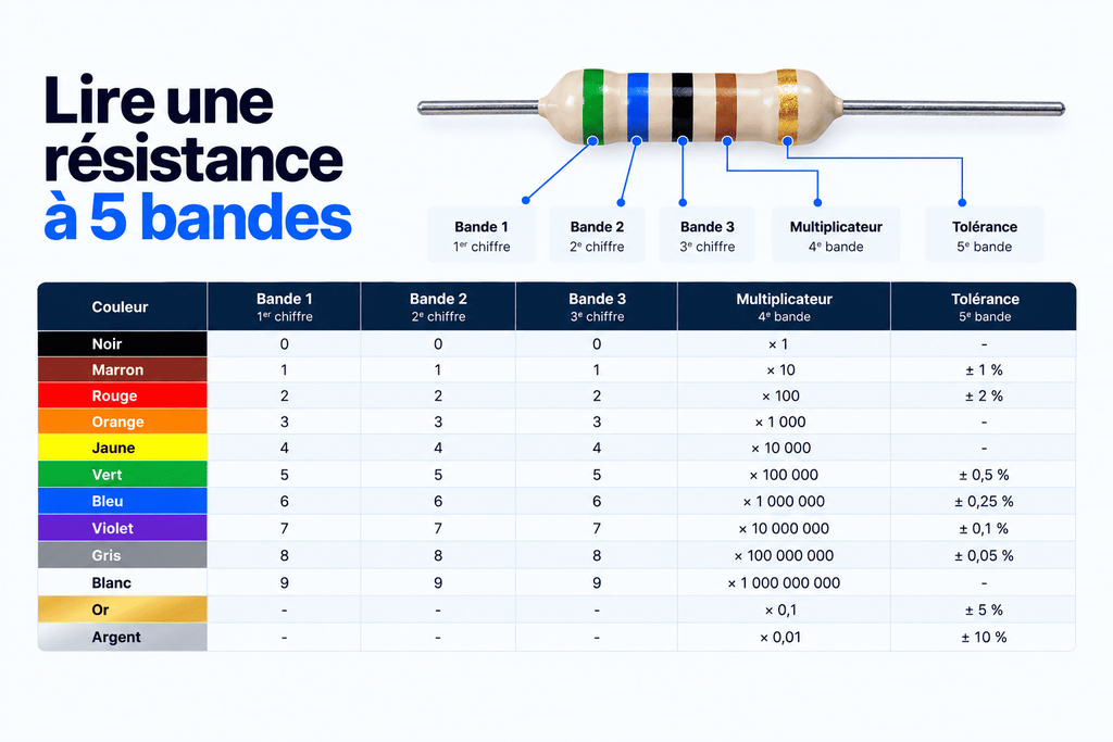 Code couleur d'une résistance à 5 bandes